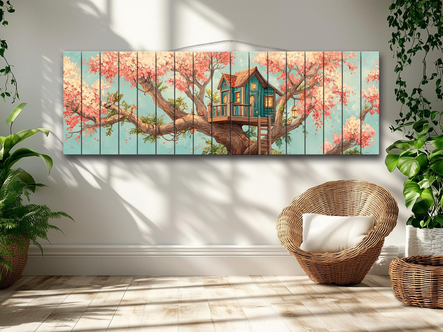 Wood Wall Art – Whimsical Treehouse Painting on Natural Wood Print | Rustic Cabin Decor