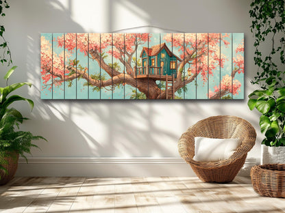 Wood Wall Art – Whimsical Treehouse Painting on Natural Wood Print | Rustic Cabin Decor