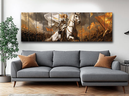 Warrior on Horse Print – Natural Wood Art | Medieval Battle Scene Wall Hanging