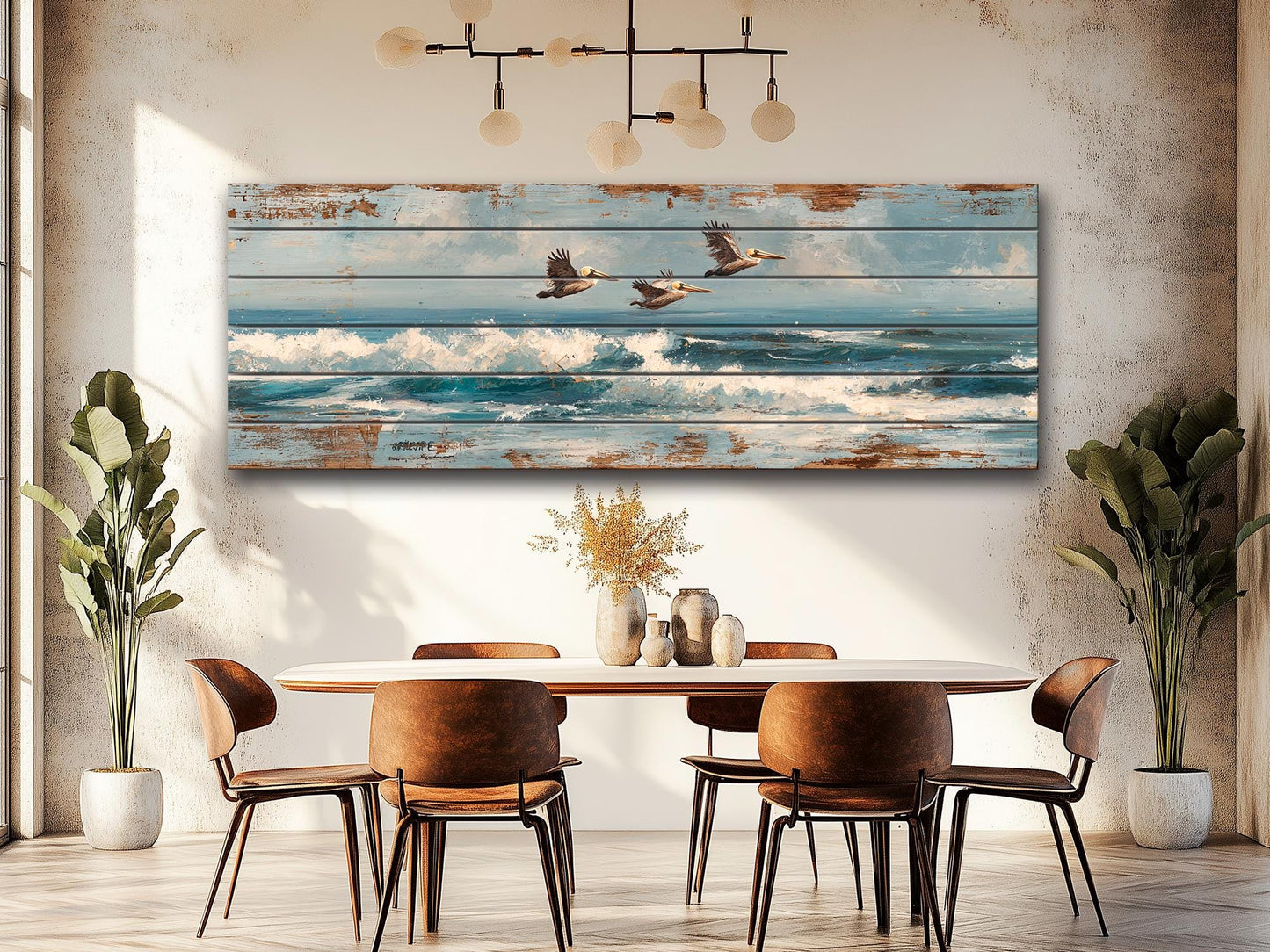 Pelicans Print Wood - Coastal Wall Art With Ocean Waves Painting & Sky Reflection