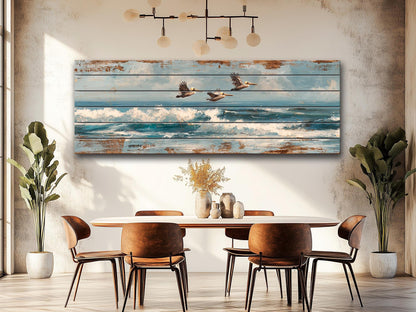Pelicans Print Wood - Coastal Wall Art With Ocean Waves Painting & Sky Reflection