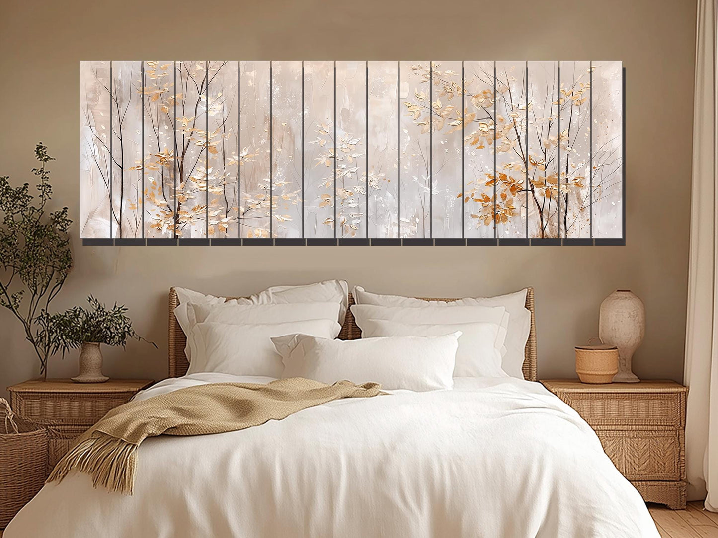 Wood Wall Art – Winter Forest Art with Golden Leaves Painting | Rustic Wood Panel Print