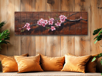 Sakura Branch Wood Art – Japanese Cherry Blossom Print on Natural Wood Wall Decor