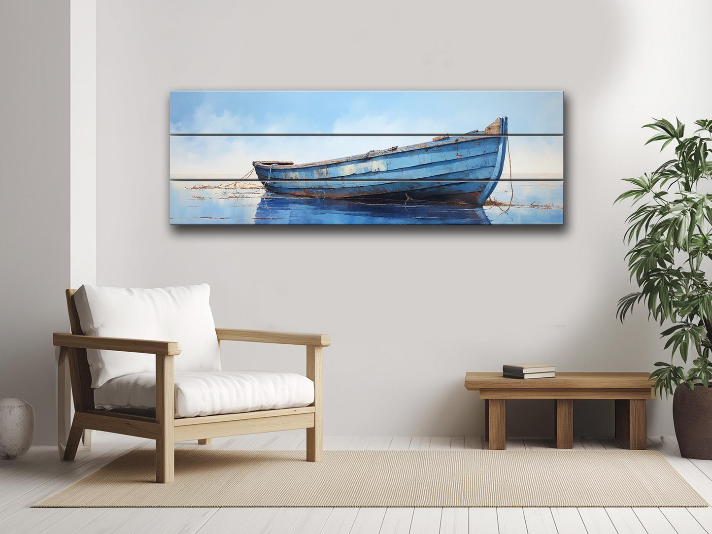 Rustic Blue Boat Art – Natural Wood Wall Art | Coastal Decor, Ready to Hang