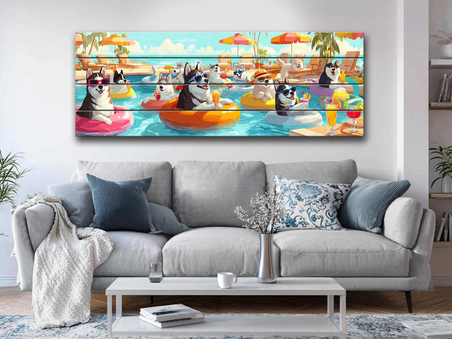 Funny Husky Wall Art – Playful Pool Party Print on Rustic Wood Decor