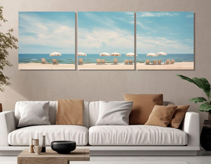 Beach Canvas Print - Framed Canvas Art with Sun Loungers & Umbrellas, Ready to Hang