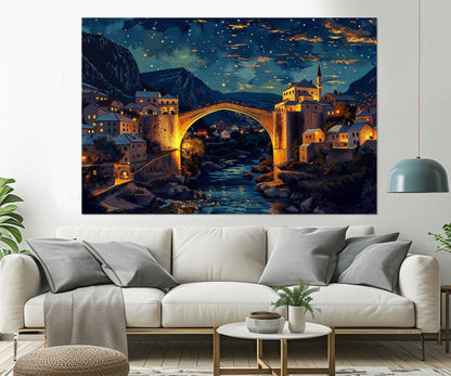 Mostar Bridge Canvas - Multi Panel Bosnia Wall Decor | Abstract Framed Cotton Canvas Print