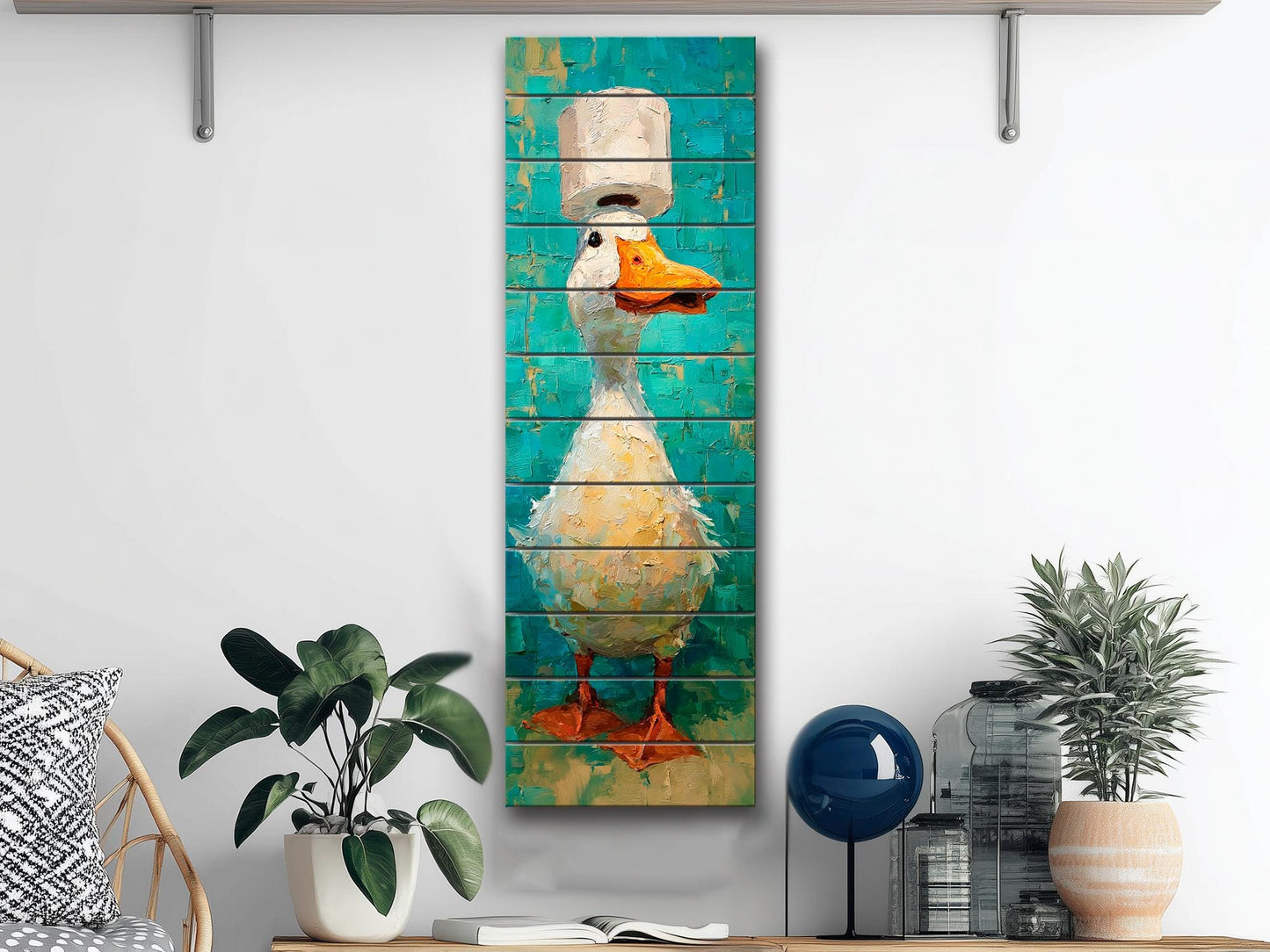 Cute Duck Print on Wood - Whimsical Bathroom Wall Art with Teal and Cream