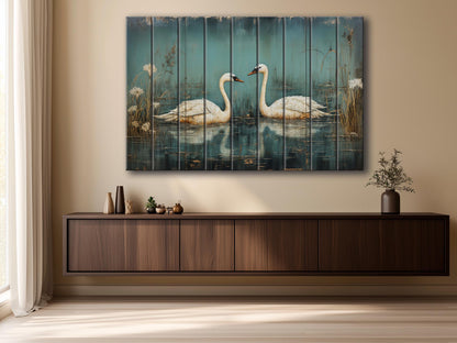 Rustic Swan Art Printed on Wood, Love Wall Art, Swans in Love Painting, Anniversary Gift, Romantic Gift, Bedroom Decor