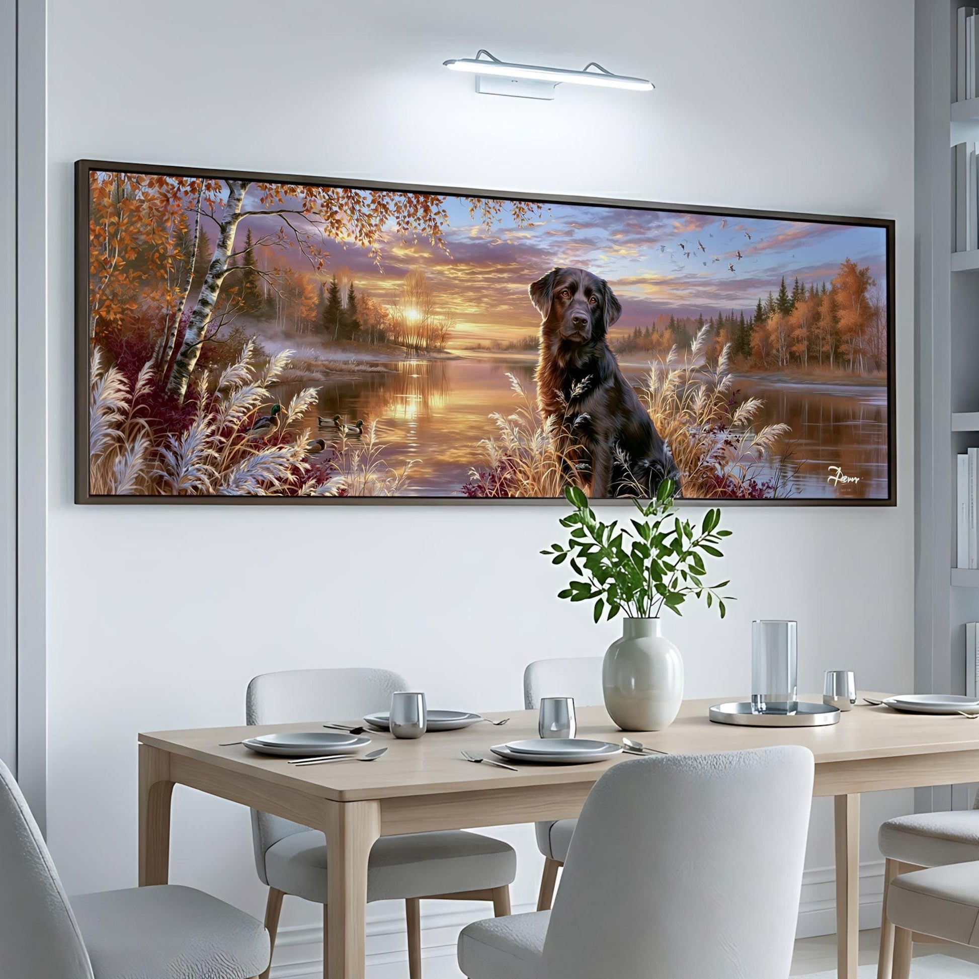 a large painting of a dog sitting in a field with a sunset in the background, surrounded by trees and a lake.