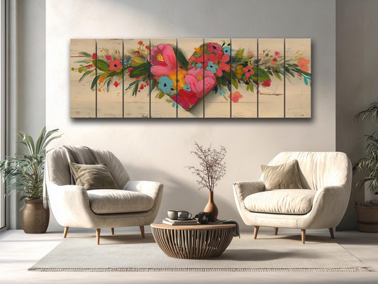 Rustic Floral Heart Painting – Natural Wood Wall Art | Cottage Wall Decor