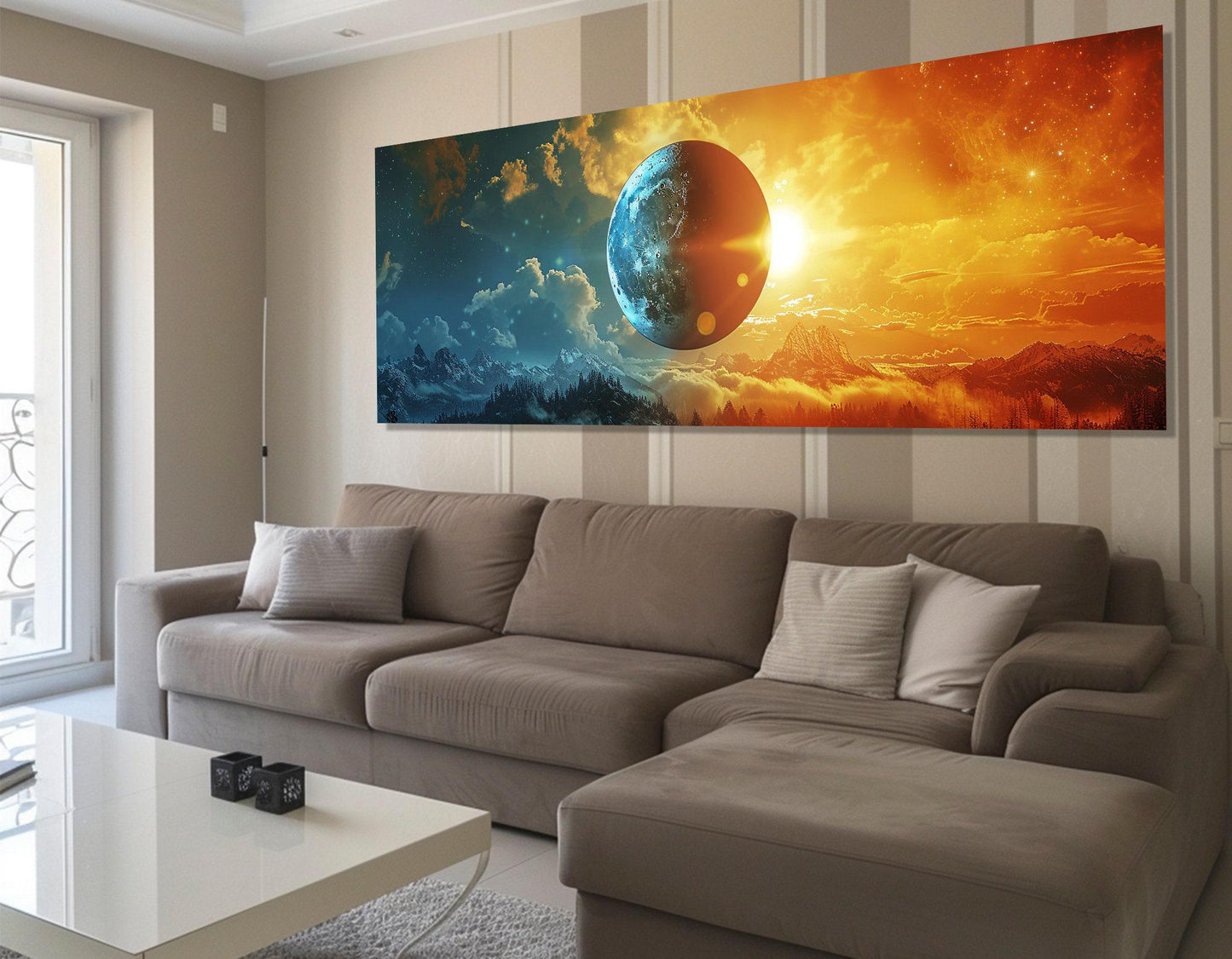 Abstract Day Night Canvas - Sun and Moon Art | Framed & Ready to Hang