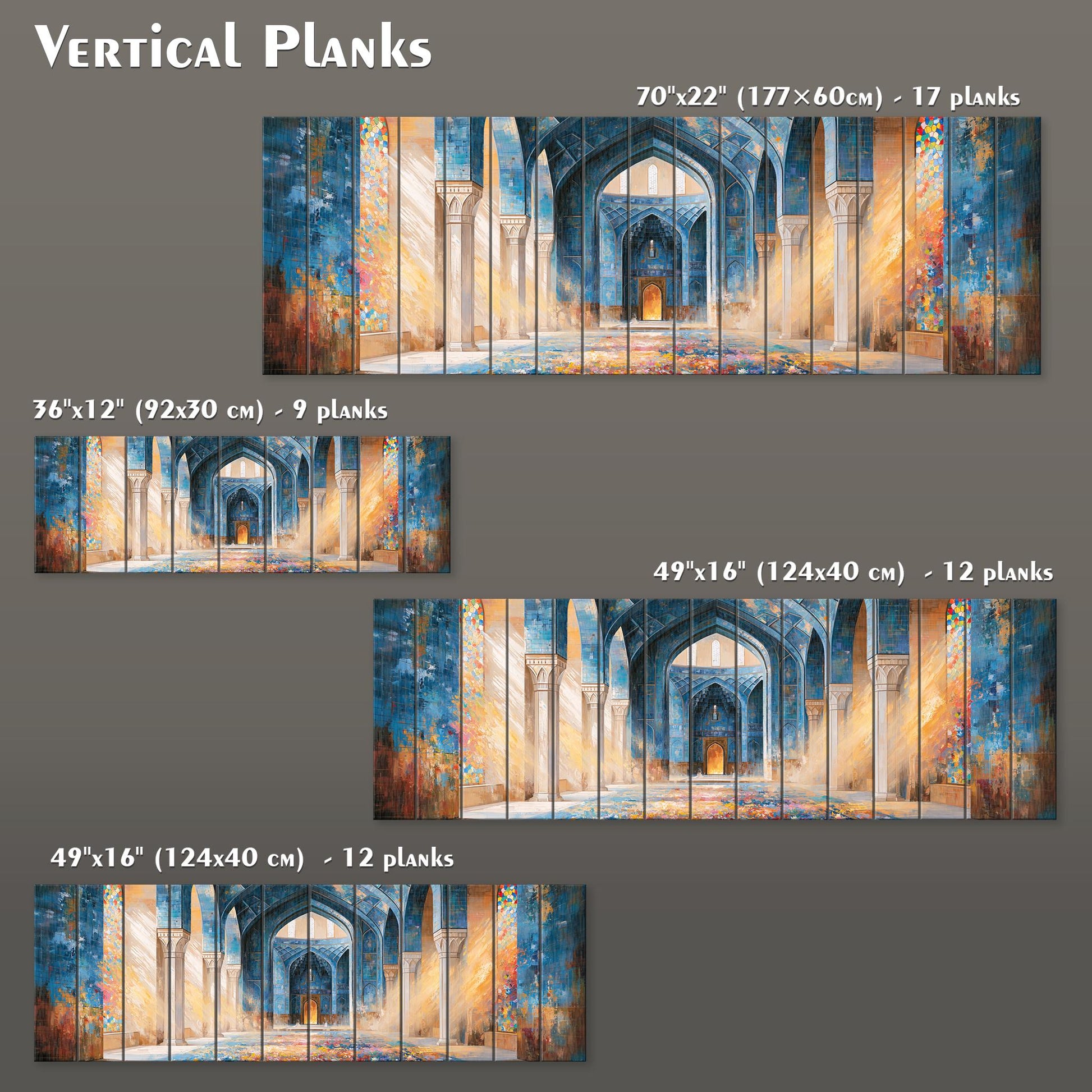 The image is a collection of four different sizes of vertical plank paintings, each depicting a blue and orange architectural structure. The paintings vary in size, ranging from 70"22" (177"60") to 17" planks. The largest painting is 12" x 12" and the smallest is 49" x 16". The paintings are arranged in a grid format, showcasing the different sizes and dimensions of the artwork.