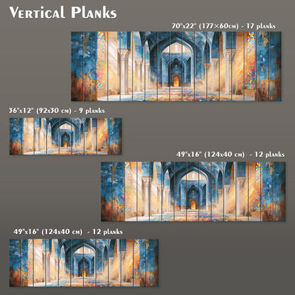 The image is a collection of four different sizes of vertical plank paintings, each depicting a blue and orange architectural structure. The paintings vary in size, ranging from 70"22" (177"60") to 17" planks. The largest painting is 12" x 12" and the smallest is 49" x 16". The paintings are arranged in a grid format, showcasing the different sizes and dimensions of the artwork.