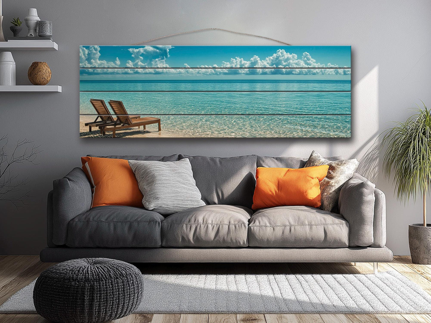 Scenic Beach with Deck Print on Natural Wood – Coastal Wall Art
