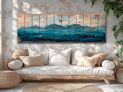 Scenic Wood Wall Art - Ocean with Mountains and Seagulls Painting Printed on Natural Wood, Nautical Wall Art, Rustic Sea Painting Print