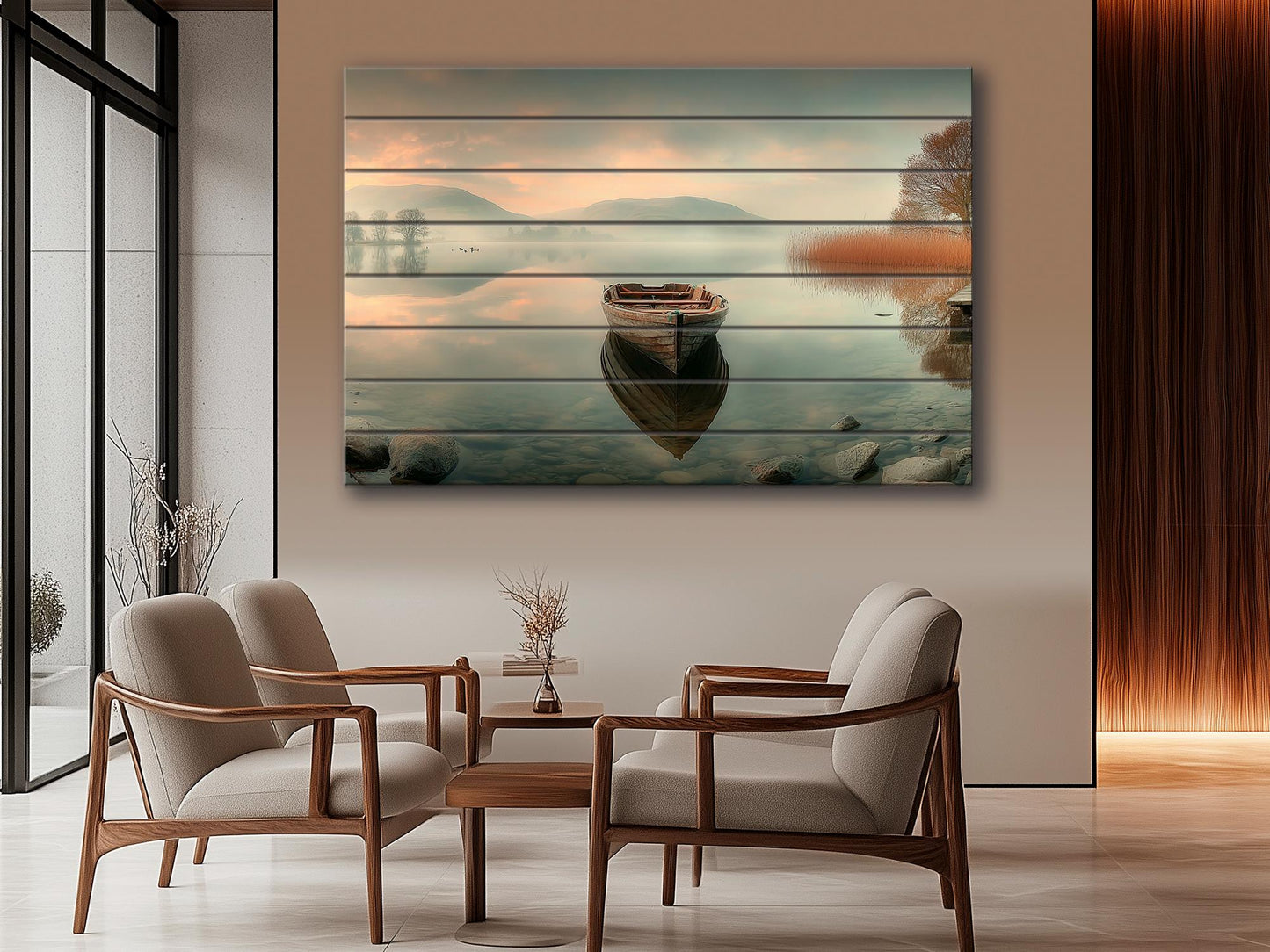 Boat on Misty Lake Print on Wood, Serene Nature Landscape, Rustic Mountain Wall Art