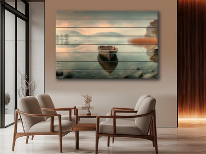 Boat on Misty Lake Print on Wood, Serene Nature Landscape, Rustic Mountain Wall Art