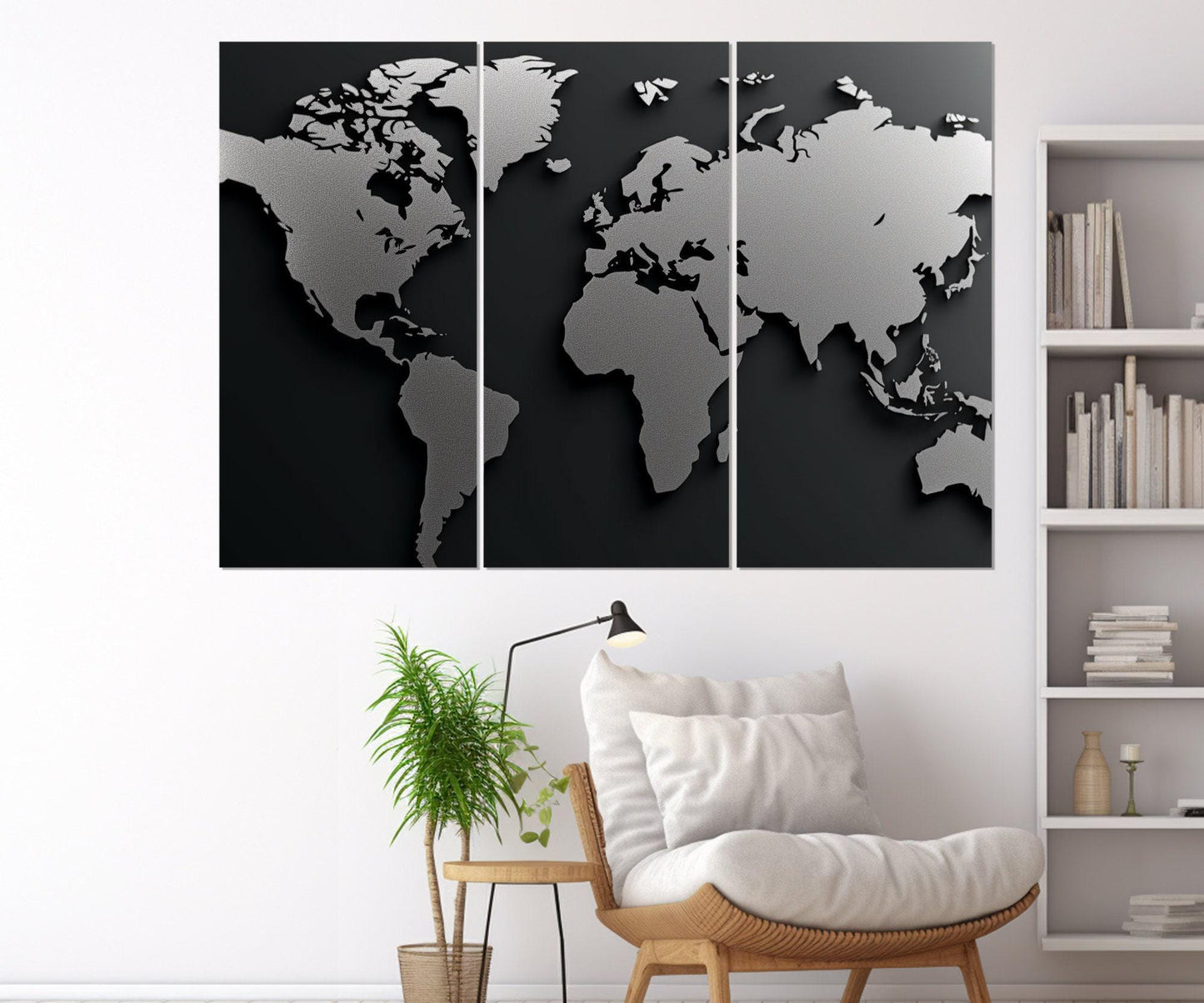 Monochrome World Map Canvas – Modern Office Decor | Framed & Ready to Hang