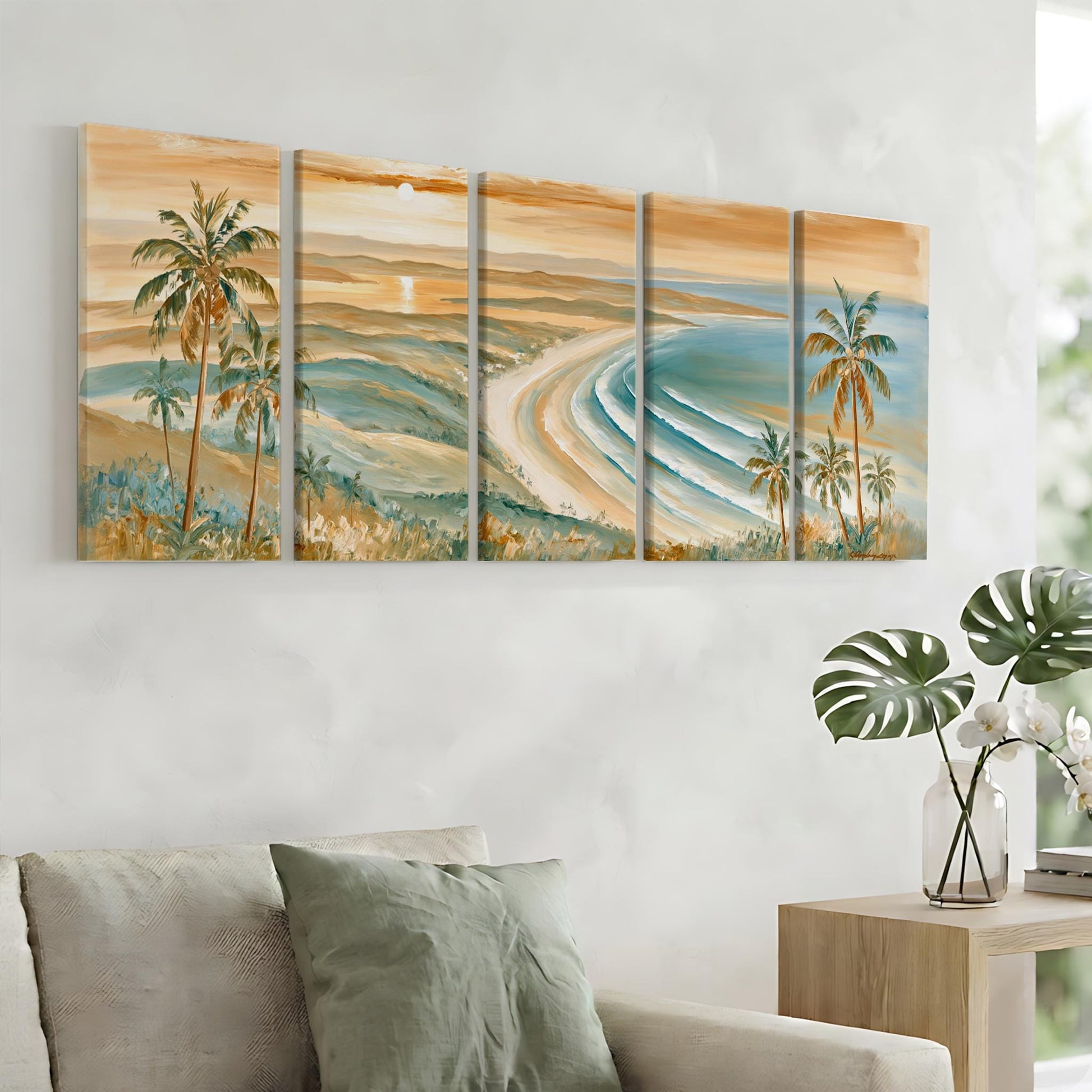 a large, colorful painting of a tropical beach scene with palm trees, a sunset, and a body of water.