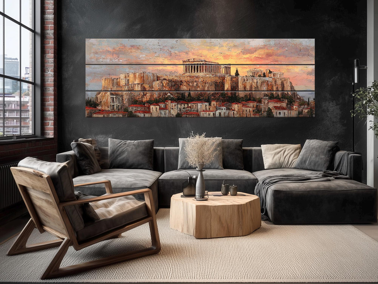 Athens Wood Print – Rustic Wall Art with Acropolis Sunset on Distressed Wood