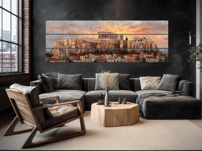 Athens Wood Print – Rustic Wall Art with Acropolis Sunset on Distressed Wood
