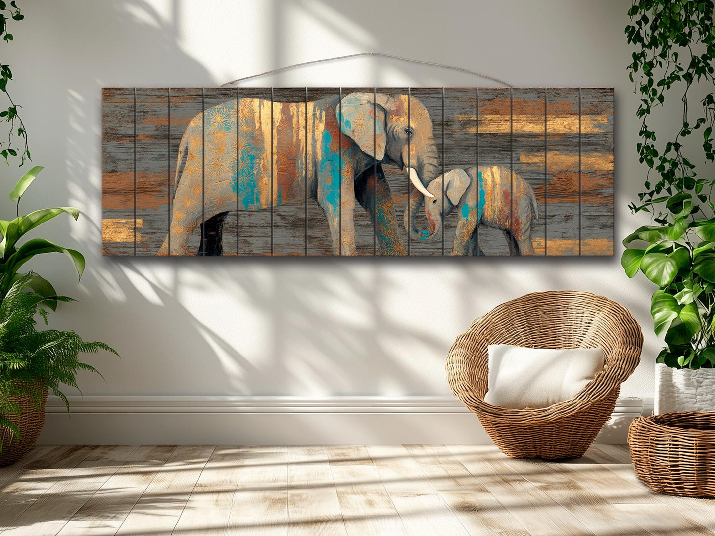 Wood Wall Art - Mother Elephant with Her Calf Print on Natural Wood, Elephants Wall Art, Rustic Elephants Painting, Country Wall Art