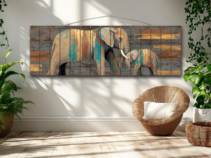 Wood Wall Art - Mother Elephant with Her Calf Print on Natural Wood, Elephants Wall Art, Rustic Elephants Painting, Country Wall Art