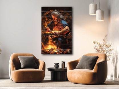 Hephaestus Wood Print – Rustic Blacksmith Wall Decor | Natural Wood Art Panel