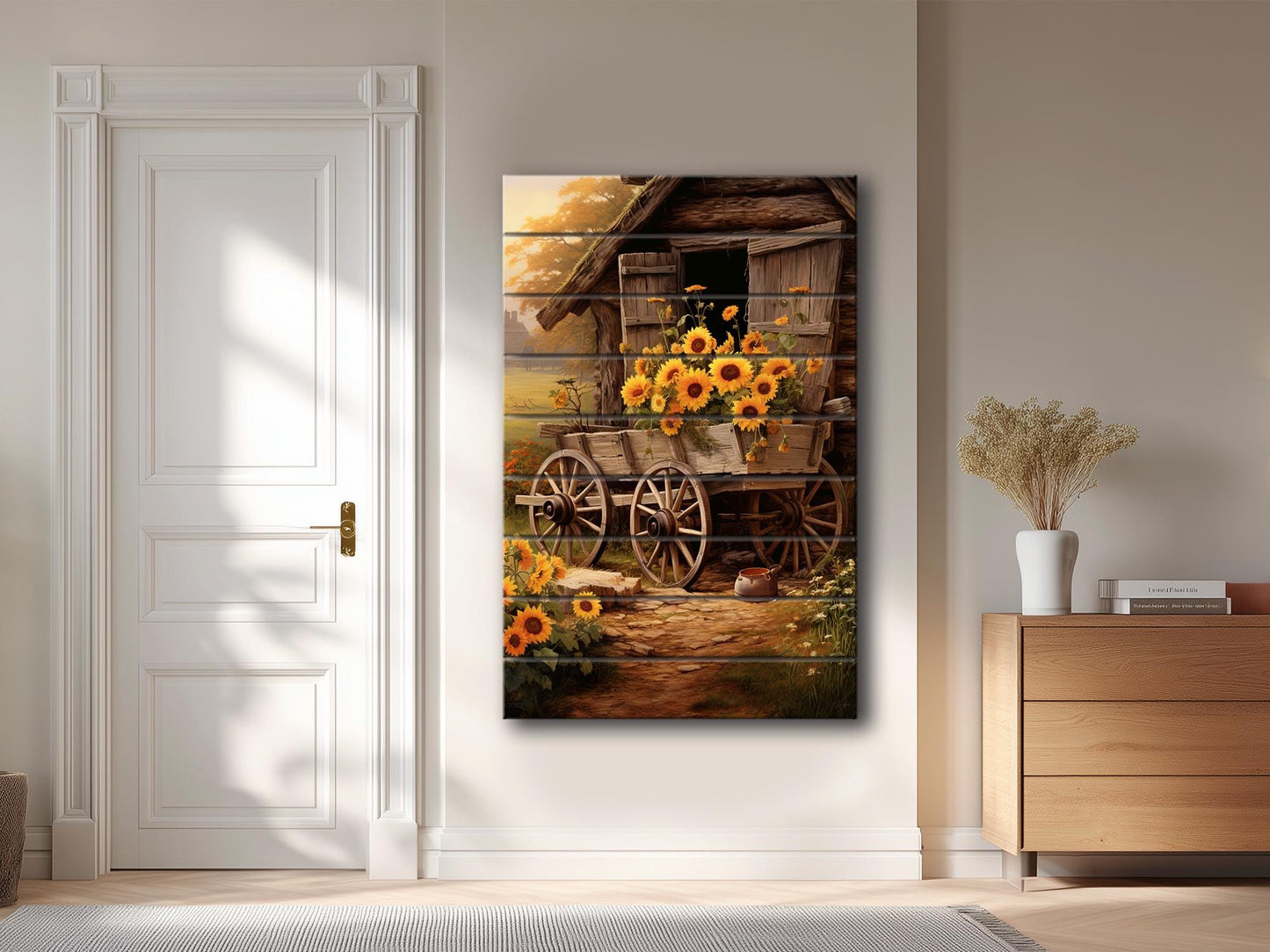 Rustic Sunflower Wall Art – Handcrafted Wooden Sunflower Print on Wood Panel