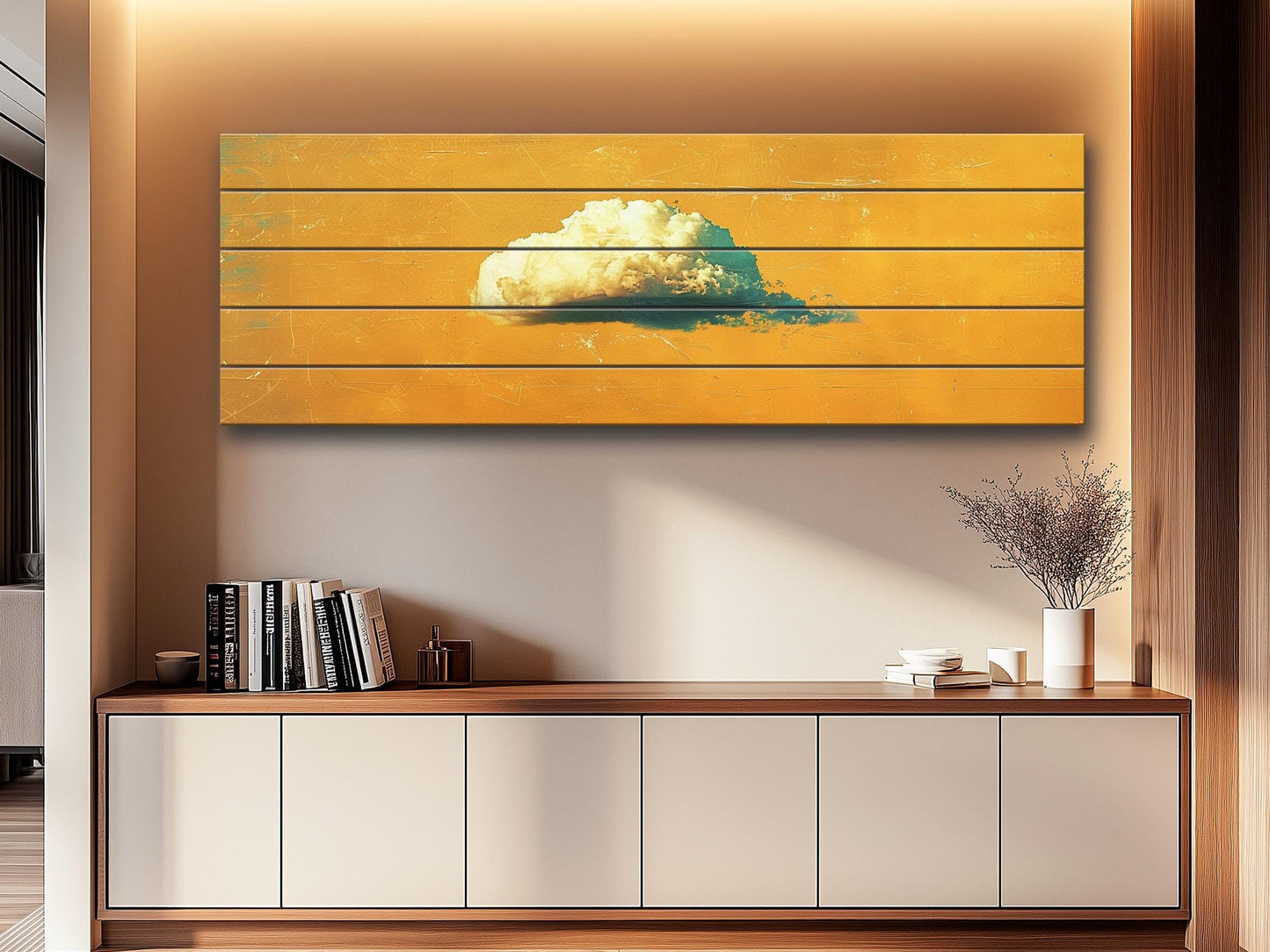 Natural Wood Wall Art - Canary Yellow Retro Print on Rustic Wood Planks
