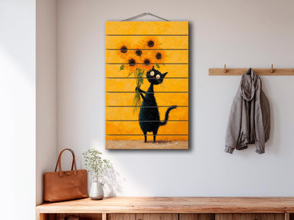 Wood Wall Art – Black Cat Painting with Sunflowers | Minimalist Rustic Decor
