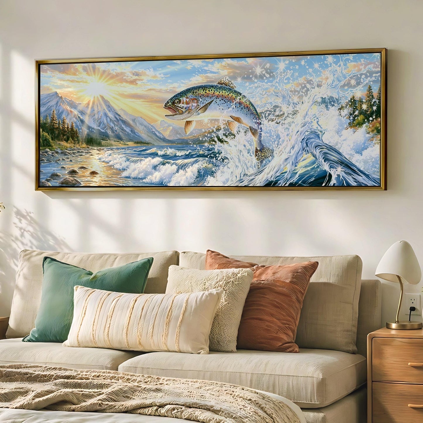 a large painting of a fish leaping out of a body of water, with mountains and a sunset in the background.