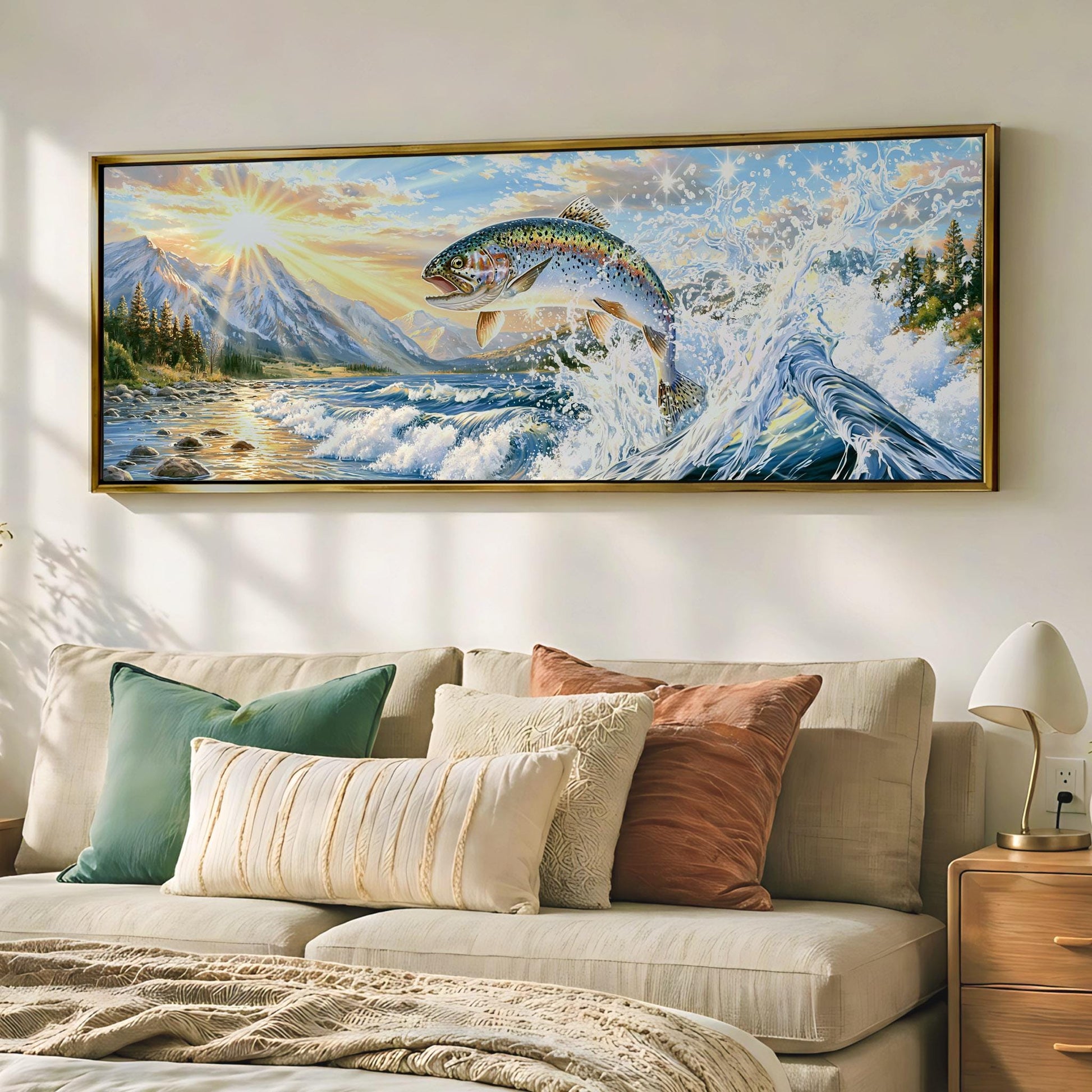 a large painting of a fish leaping out of a body of water, with mountains and a sunset in the background.