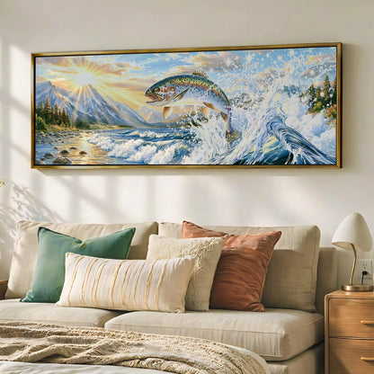 a large painting of a fish leaping out of a body of water, with mountains and a sunset in the background.