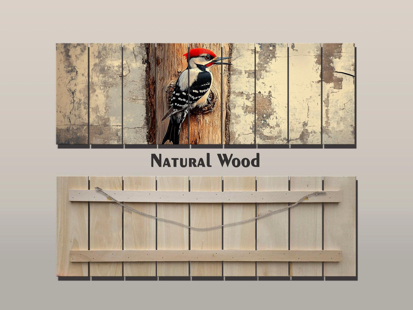 Rustic Wood Wall Art - Woodpecker on a tree Vintage Style Painting Printed on Natural Wood, Woodpecker Print, Forest Birds Print