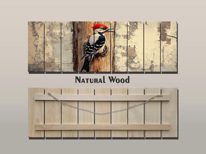 Rustic Wood Wall Art - Woodpecker on a tree Vintage Style Painting Printed on Natural Wood, Woodpecker Print, Forest Birds Print