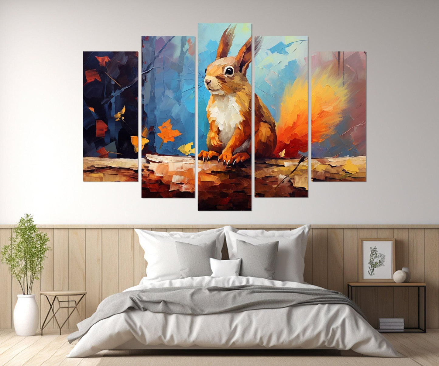 Squirrel Wall Art - Autumn Forest Abstract Animal Painting | Framed Canvas Print Ready to Hang