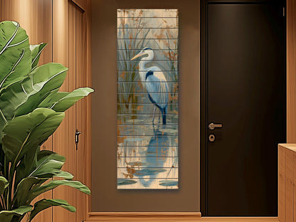 Heron in a Lake Rustic Print on Natural Wood, Cozy Cabin Wall Decor