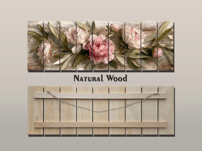 Peonies Print Wood - Beige Pink Floral Wall Art | Rustic Farmhouse Flower Print