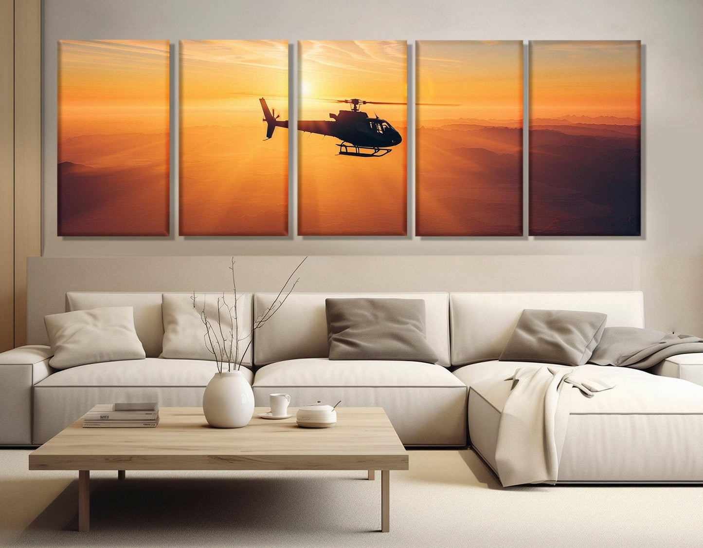 Helicopter Canvas Print – Aviation Wall Art | Framed Panoramic Sunset Artwork