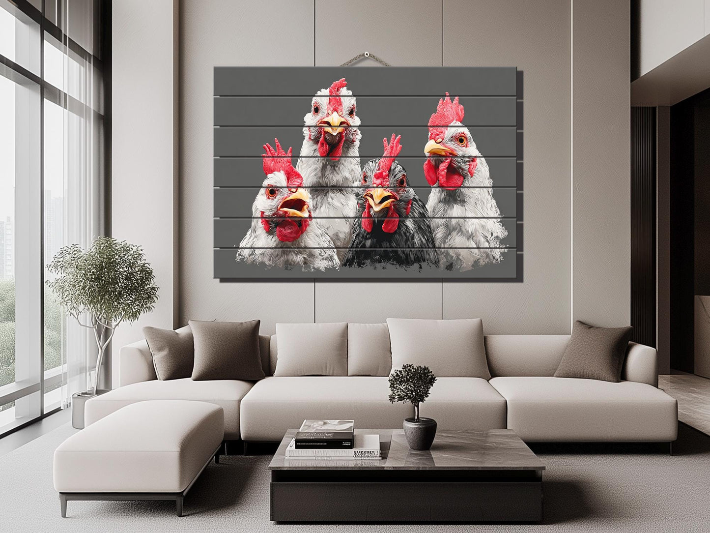 Happy Chickens Wood Print – Rustic Farmhouse Wall Art | Wood Plank Artwork