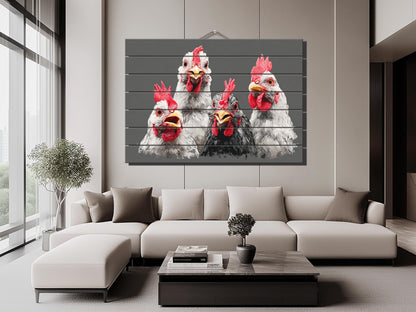 Happy Chickens Wood Print – Rustic Farmhouse Wall Art | Wood Plank Artwork