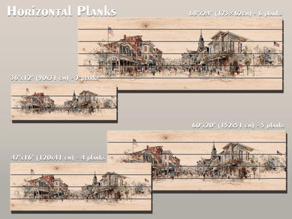 Vintage Americana Wall Art – Main Street Print on Wood with Rustic Farmhouse Charm