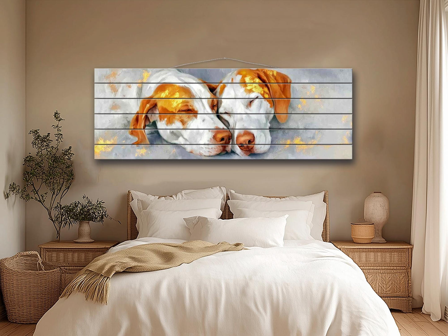 Sleeping Pointer Dogs Print on Wood, Romantic Wall Decor