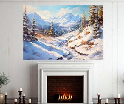 Winter Landscape Canvas Print, Forest and Mountains Painting, Winter Nature Wall Art, Framed and Ready to Hang