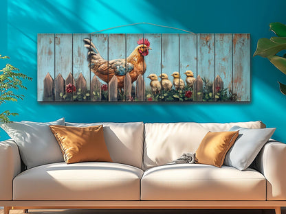 Rustic Wood Wall Art - Hen with Chicks Print on Natural Wood, Farmhouse Painting, Chicken Farm Decor, Chicken Coop Farmhouse Wall Decor