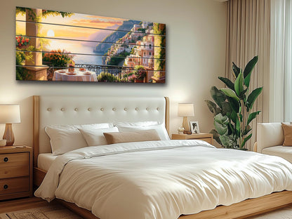 Amalfi Coast Wall Art – Panoramic Italian Landscape Wood Print on Wood with Rustic Texture