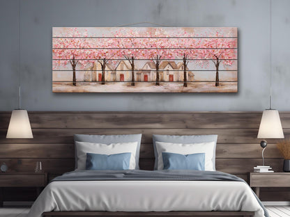 Spring Orchard Wood Print – Rustic Wood Wall Art With Blossoming Tree Artwork