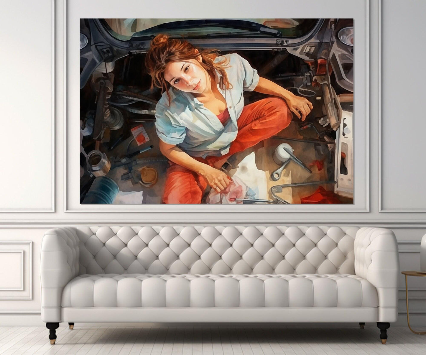 Mechanic Woman Canvas – Retro Mechanic Print | Workshop Wall Decor, Framed Canvas Art